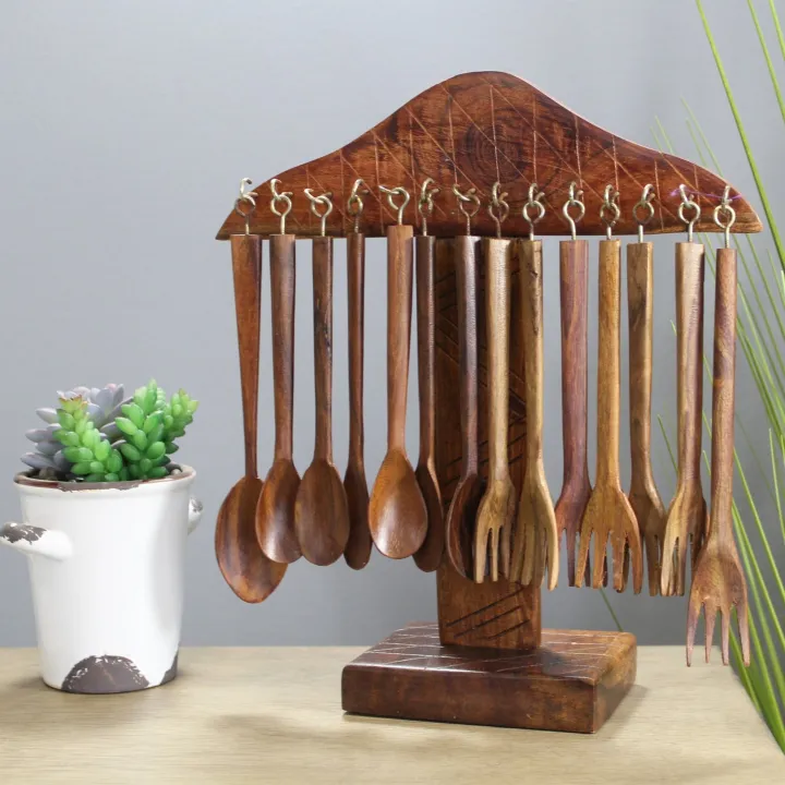 Handmade Wooden Kitchen Utensils Set Premium Cooking Tools | Spatula, Spoon, Turner & More | Eco-Friendly Non-Stick Cookware Set with Natural Wood Grain Finish | Ideal for Stylish & Safe Cooking